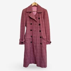 Vintage Pink Plaid Double-Breasted Coat Knee Length UK Size Small Belt Pockets